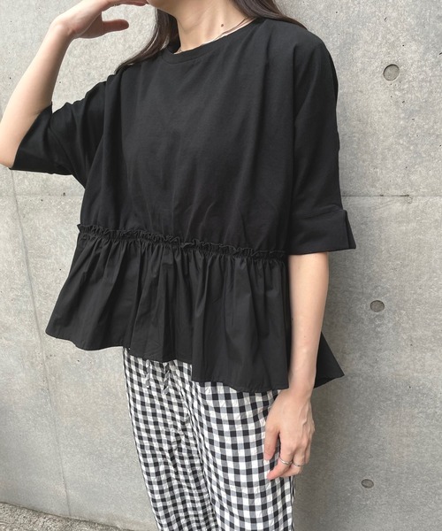 JUGLANS(ユグランス)の「☆ 16’s天竺×ブロード 裾異素材切り替えTOPS(Tシャツ/カットソー・レディース・ブラウン/ホワイト/ライトベージュ/ブラック・FREE)」の14枚目の写真