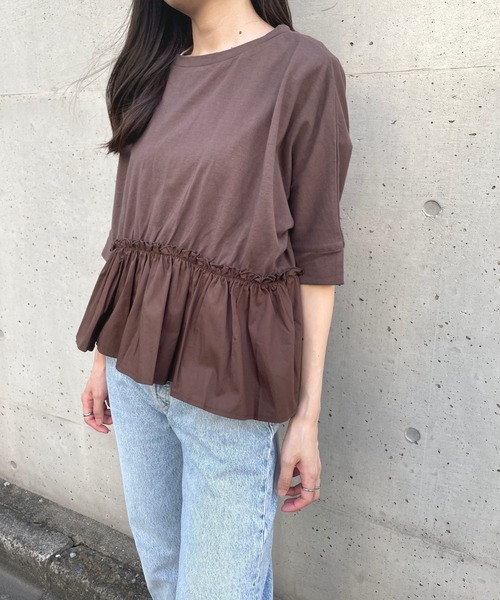 JUGLANS(ユグランス)の「☆ 16’s天竺×ブロード 裾異素材切り替えTOPS(Tシャツ/カットソー・レディース・ブラウン/ホワイト/ライトベージュ/ブラック・FREE)」の19枚目の写真