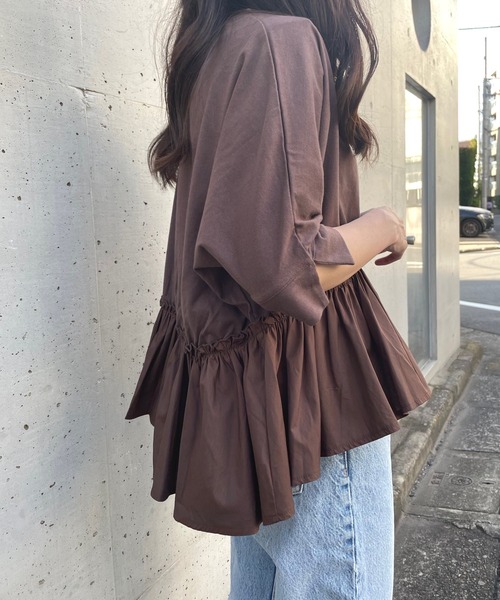 JUGLANS(ユグランス)の「☆ 16’s天竺×ブロード 裾異素材切り替えTOPS(Tシャツ/カットソー・レディース・ブラウン/ホワイト/ライトベージュ/ブラック・FREE)」の21枚目の写真