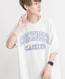 『CavariA/キャバリア』裏毛カレッジロゴ入りクルーネックドロップショルダービッグ半袖Tシャツ