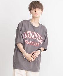 『CavariA/キャバリア』裏毛カレッジロゴ入りクルーネックドロップショルダービッグ半袖Tシャツ