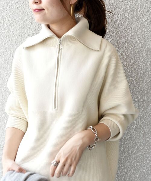 SHIPS(シップス)の「〈手洗い可能〉オープンジッププルオーバー◆(ニット/セーター・レディース・オフホワイト/ブラウン・ONE SIZE)」の2枚目の写真