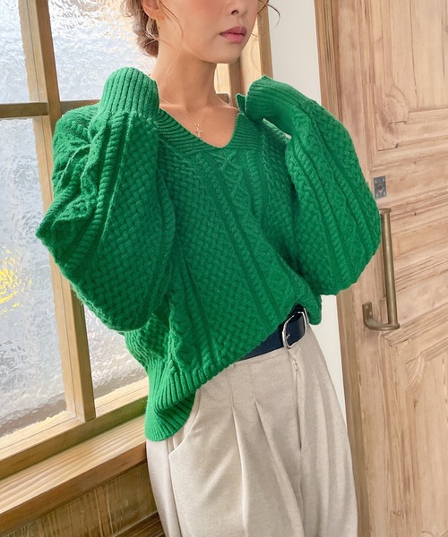 JUNOAH（ジュノア）の「スキッパーケーブル編みニット（ニット/セーター・レディース・ホワイト/クリーム/グリーン/レッド・FREE）」の12枚目の写真