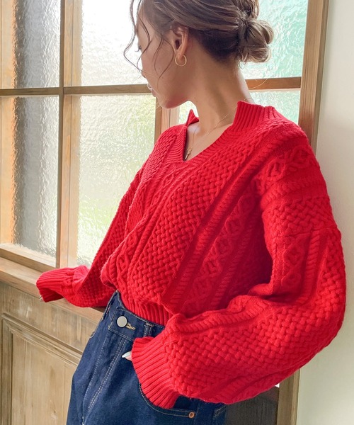 JUNOAH（ジュノア）の「スキッパーケーブル編みニット（ニット/セーター・レディース・ホワイト/クリーム/グリーン/レッド・FREE）」の16枚目の写真