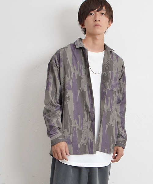 MinoriTY（マイノリティ）の「【MinoriTY】モダンアート柄レギュラーカラー長袖シャツ オーバーサイズ メンズ 迷彩 秋服 秋服（シャツ/ブラウス・メンズ・チャコール/ベージュ系その他・M/L）」の3枚目の写真