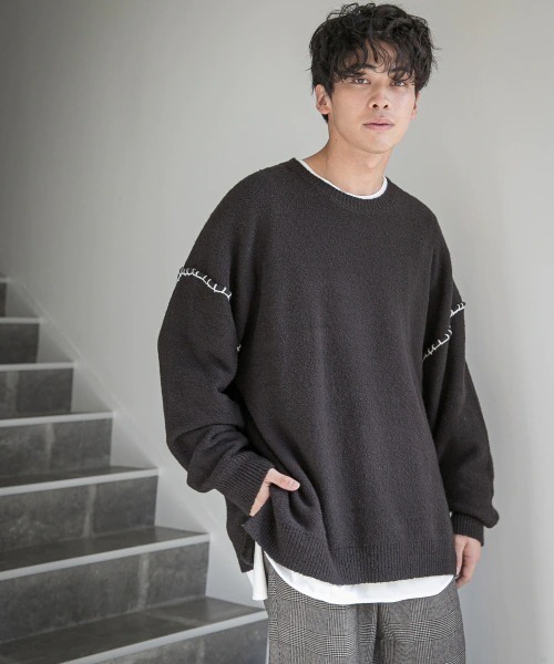 LOWRYS FARM(ローリーズファーム)の「ブランケットステッチニットクルーネック 229032(ニット/セーター・メンズ・ブラック/グレー・MEDIUM/LARGE)」の5枚目の写真