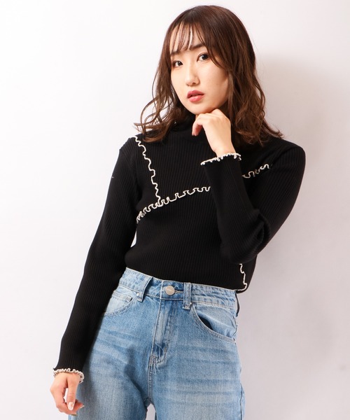 EACH.（イーチ）の「【EACH】MELLOW STITCH RIB KNIT PO リブニットハイネック（ニット/セーター・レディース・グリーン/ベージュ/ブラック・FREE）」の2枚目の写真