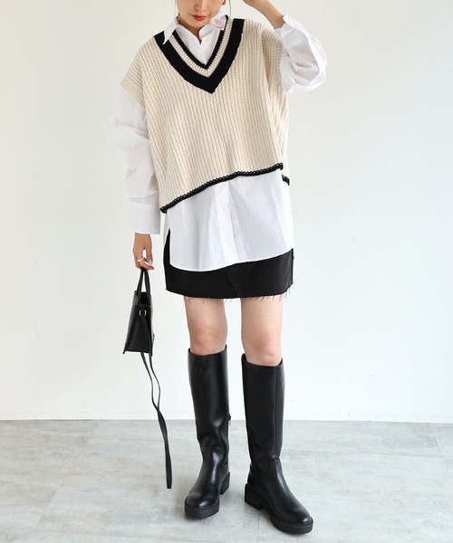 andme(アンドミー)の「ショート丈チルデンニットベスト(ベスト・レディース・ホワイト×グリーン/ホワイト×ブラック/ホワイト系その他/ホワイト×ブルー/オレンジ系その他・M)」の6枚目の写真