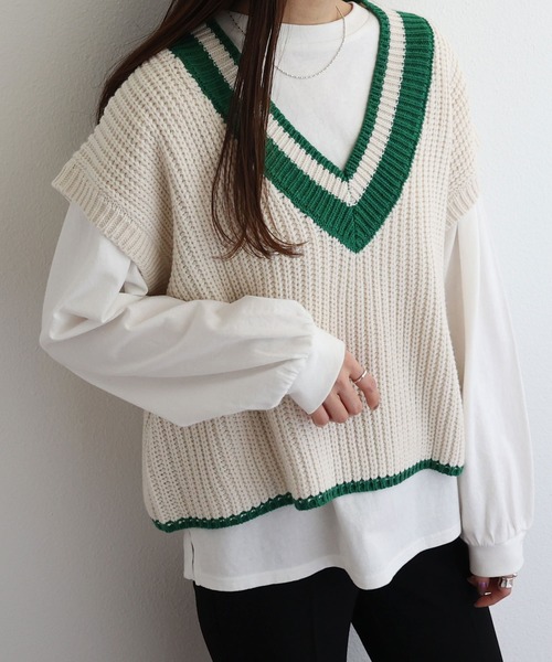 andme(アンドミー)の「ショート丈チルデンニットベスト(ベスト・レディース・ホワイト×グリーン/ホワイト×ブラック/ホワイト系その他/ホワイト×ブルー/オレンジ系その他・M)」の18枚目の写真