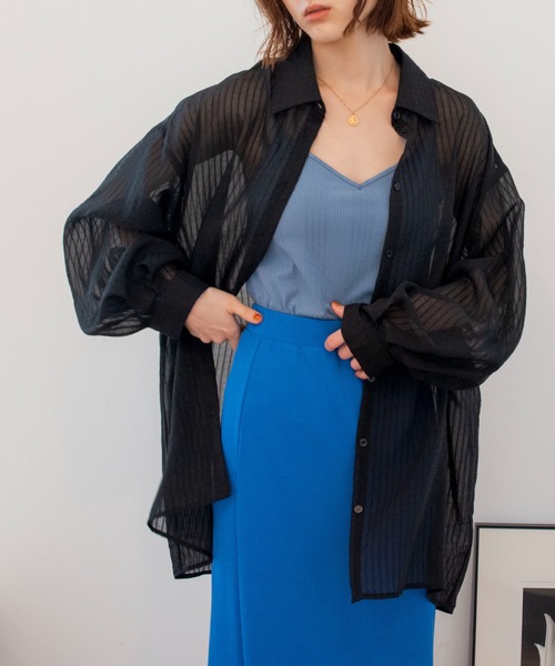 ANGIE(アンジー)の「シアーストライプオーバーシャツ(シャツ/ブラウス・レディース・ブラック/ピンク/ライム/アイボリー・FREE)」の1枚目の写真