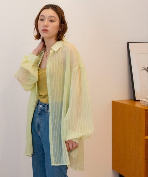 ブラウス シャツ ストライプシアーオーバーシャツ レディース ANGIE ブラウス シャツ シアー オーバーサイズ バンドカラー