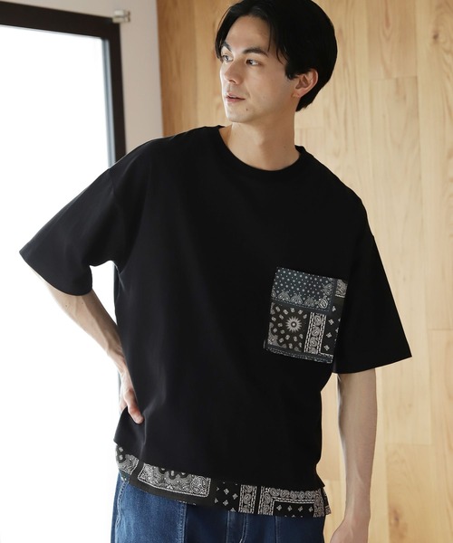 niko and...（ニコアンド）の「裾バンダナ切り替えTシャツ（Tシャツ/カットソー・メンズ・ブラック/ネイビー/オフホワイト・MEDIUM/LARGE）」の3枚目の写真