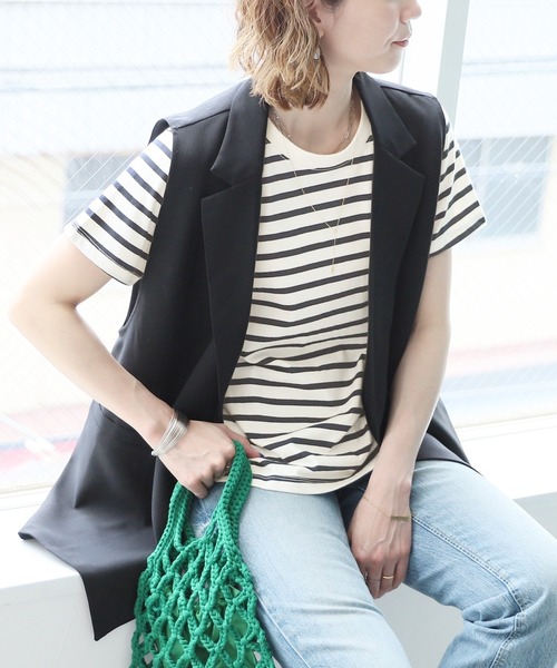 reca(レカ)の「クルーネックリンガーボーダー半袖Tシャツ(Tシャツ/カットソー・レディース・ネイビー/ピンク/グリーン/モカ・FREE)」の1枚目の写真