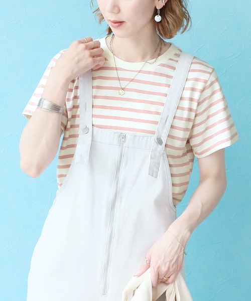 reca(レカ)の「クルーネックリンガーボーダー半袖Tシャツ(Tシャツ/カットソー・レディース・ネイビー/ピンク/グリーン/モカ・FREE)」の2枚目の写真