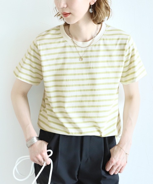 reca(レカ)の「クルーネックリンガーボーダー半袖Tシャツ(Tシャツ/カットソー・レディース・ネイビー/ピンク/グリーン/モカ・FREE)」の4枚目の写真