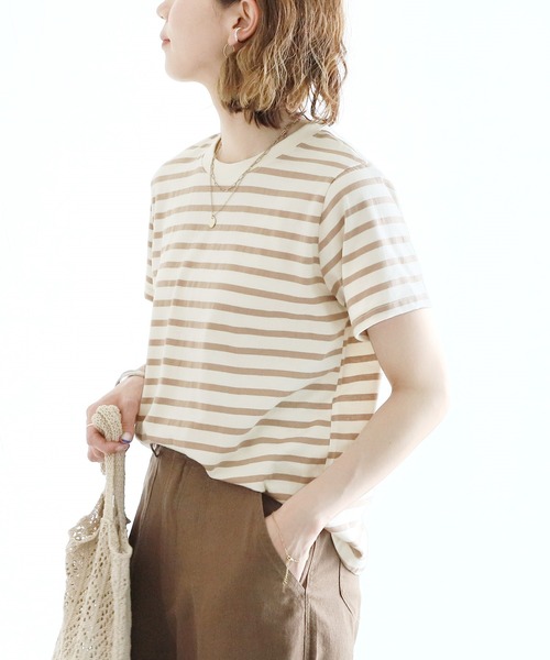 reca(レカ)の「クルーネックリンガーボーダー半袖Tシャツ(Tシャツ/カットソー・レディース・ネイビー/ピンク/グリーン/モカ・FREE)」の3枚目の写真