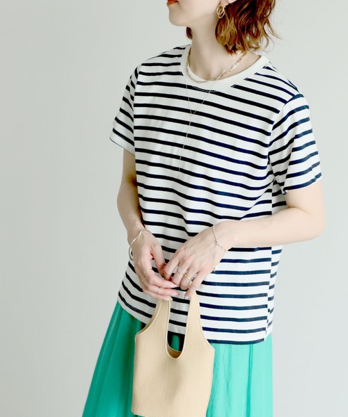 reca(レカ)の「クルーネックリンガーボーダー半袖Tシャツ(Tシャツ/カットソー・レディース・ネイビー/ピンク/グリーン/モカ・FREE)」の5枚目の写真