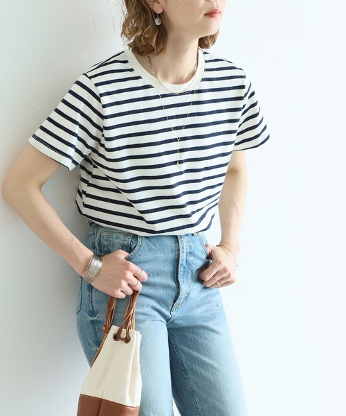 reca(レカ)の「クルーネックリンガーボーダー半袖Tシャツ(Tシャツ/カットソー・レディース・ネイビー/ピンク/グリーン/モカ・FREE)」の8枚目の写真