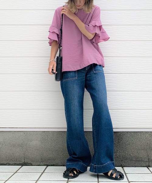 Q（キュー）の「袖フリルブラウス（シャツ/ブラウス・レディース・アイボリー/ラベンダー・MEDIUM）」の6枚目の写真