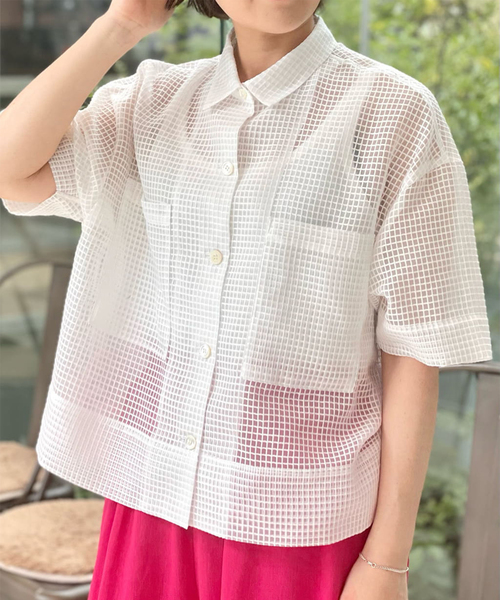 journal standard L'essage(ジャーナルスタンダードレサージュ)の「シアーチェックオープンカラーシャツ(シャツ/ブラウス・レディース・ホワイト/ブラック・FREE)」の1枚目の写真