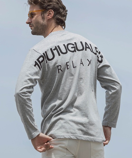 1PIU1UGUALE3 RELAX (ウノピゥウノウグァーレトレ リラックス)の「【WEB・直営店限定】1PIU1UGUALE3 RELAX(ウノピゥウノウグァーレトレ リラックス)バックプリントロゴ ベーシックシルエット 長袖Tシャツ クルーネック カットソー(Tシャツ/カットソー・メンズ・ホワイト/ブラック/パープル/ネイビー/カーキ/ターコイズブルー/トップグレー/ライトピンク/パープル系1/ピンク系1/ネイビー系1/ターコイズブルー系1/カーキ系1/グレー系1/ブラック系1/ホワイト系1・S/M/L/XL/XXL)」の5枚目の写真