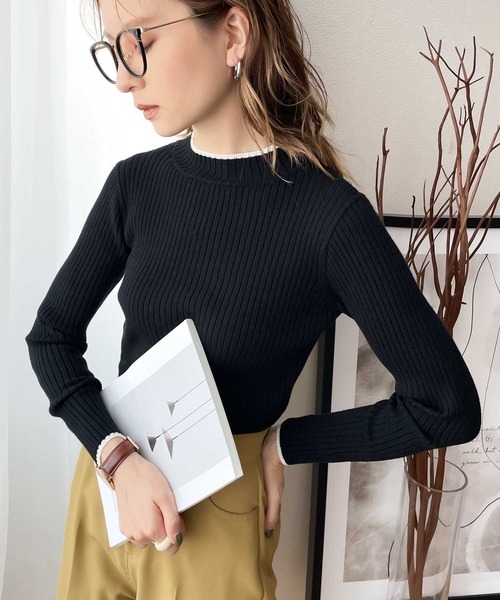 classicalelf（クラシカルエルフ）の「さり気ない洒落感。無地＆マルチボーダーハイネックもちもちリブニット（ニット/セーター・レディース・ライトグレー/ブラック/ネイビー/グリーン/アイボリー/ブラック系その他/ブルー系その他・SMALL/MEDIUM/LARGE/X-LARGE）」の3枚目の写真