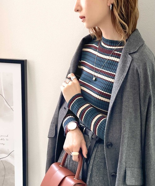 classicalelf（クラシカルエルフ）の「さり気ない洒落感。無地＆マルチボーダーハイネックもちもちリブニット（ニット/セーター・レディース・ライトグレー/ブラック/ネイビー/グリーン/アイボリー/ブラック系その他/ブルー系その他・SMALL/MEDIUM/LARGE/X-LARGE）」の14枚目の写真