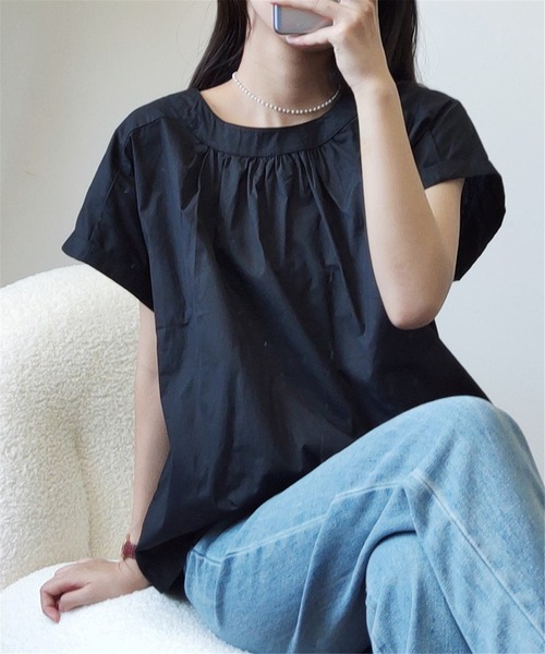 MAISON DE THERESE(メゾン ド テレーズ)の「クルーネックギャザートップス(Tシャツ/カットソー・レディース・ブラック/ベージュ・M)」の3枚目の写真