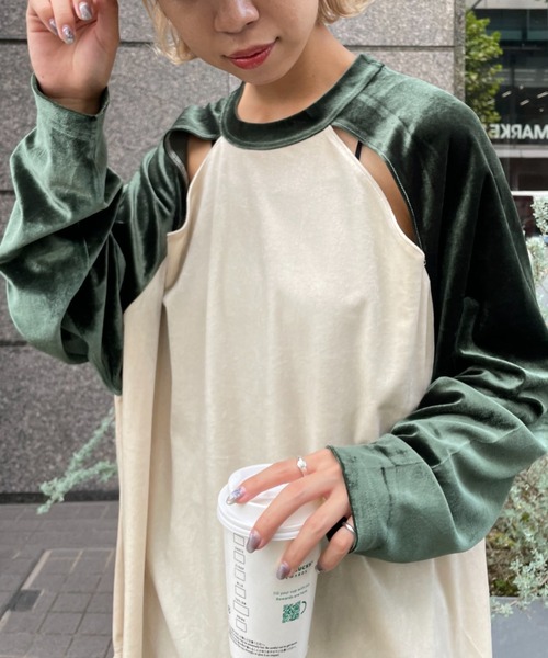 CIAOPANIC（チャオパニック）の「ベロア配色肩スリットラグランTEE（Tシャツ/カットソー・レディース・オレンジ/ブルー/グリーン/ネイビー・FREE）」の5枚目の写真