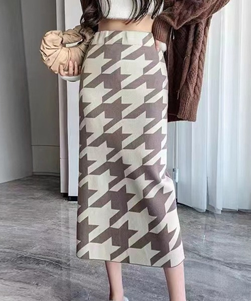 aimoha（アイモハ）の「レトロ千鳥柄　ニットタイトスカート（スカート・レディース・チョコ/ベージュ/グレー・FREE）」の2枚目の写真