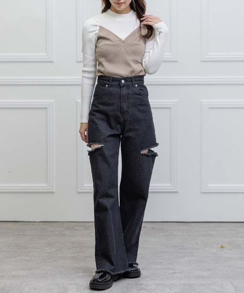 clear（クリア）の「サイドダメージワイドデニムパンツ（デニムパンツ・レディース・ライトブルー/ブラック・S/M）」の10枚目の写真