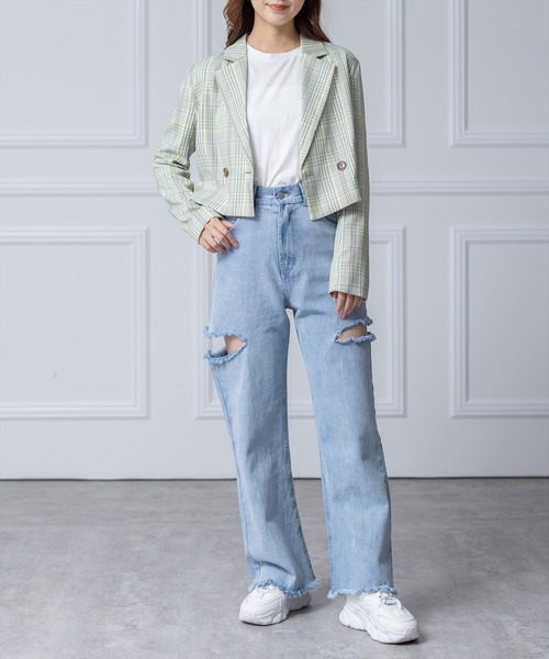 clear（クリア）の「サイドダメージワイドデニムパンツ（デニムパンツ・レディース・ライトブルー/ブラック・S/M）」の15枚目の写真