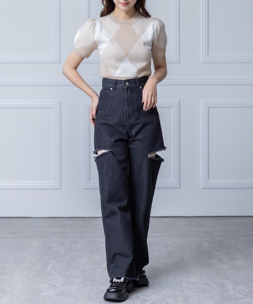 clear（クリア）の「サイドダメージワイドデニムパンツ（デニムパンツ・レディース・ライトブルー/ブラック・S/M）」の11枚目の写真