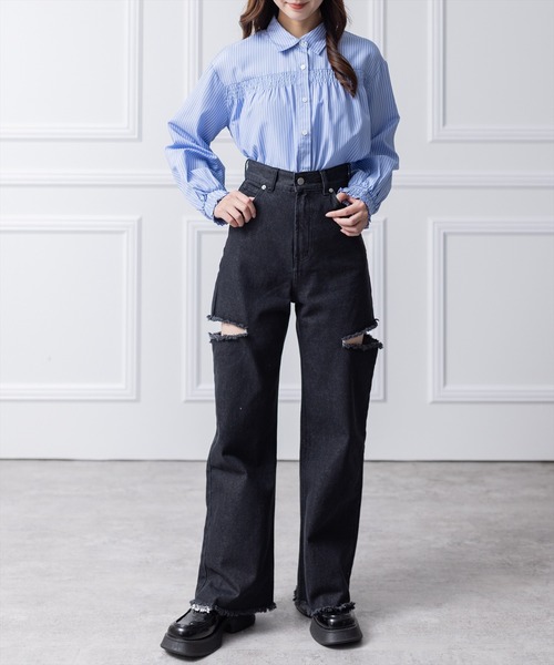 clear（クリア）の「サイドダメージワイドデニムパンツ（デニムパンツ・レディース・ライトブルー/ブラック・S/M）」の12枚目の写真