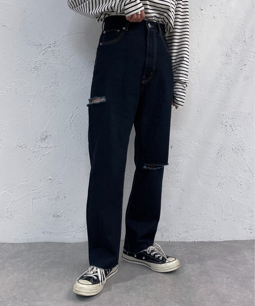 apres jour mignon（アプレジュールミニョン）の「ダメージデニム【ZOZOTOWN限定アイテム】（デニムパンツ・レディース・ブルー/インディゴブルー/ブラック・MEDIUM/LARGE/X-LARGE/SMALL）」の4枚目の写真