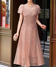 パフスリーブヨーク切替え総レース フレア ロング 結婚式 ワンピース パーティードレス オケージョンドレス お呼ばれ 二次会 成人式 同窓会 謝恩会