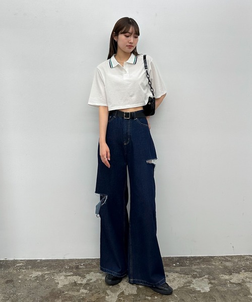 EPIMI E'PIMMY（エピミエピミー）の「ラインカラークロップドポロシャツ（ポロシャツ・レディース・オフホワイト/サックスブルー/ネイビー・MEDIUM）」の10枚目の写真