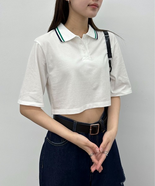 EPIMI E'PIMMY（エピミエピミー）の「ラインカラークロップドポロシャツ（ポロシャツ・レディース・オフホワイト/サックスブルー/ネイビー・MEDIUM）」の4枚目の写真