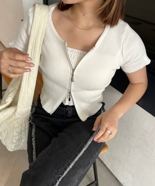 美品★René /ルネ 半袖ニットダブルジップ パール　ボレロ　カーディガン36 極美品✨】ルネReneダブルジップ カーディガンパールグレー