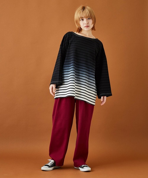 CUBE SUGAR（キューブシュガー）の「グラデーション染ボーダーボートネック7分袖Tシャツ（Tシャツ/カットソー・レディース・パープル/キャメル/ブラック・M）」の16枚目の写真