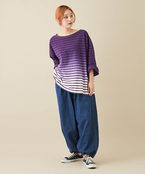 CUBE SUGAR（キューブシュガー）の「グラデーション染ボーダーボートネック7分袖Tシャツ（Tシャツ/カットソー・レディース・パープル/キャメル/ブラック・M）」の4枚目の写真