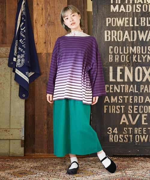 CUBE SUGAR（キューブシュガー）の「グラデーション染ボーダーボートネック7分袖Tシャツ（Tシャツ/カットソー・レディース・パープル/キャメル/ブラック・M）」の10枚目の写真