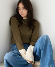 【forksy.】<エブリデイシリーズ>袖口配色スリットハイネックリブニット / 吸湿発熱