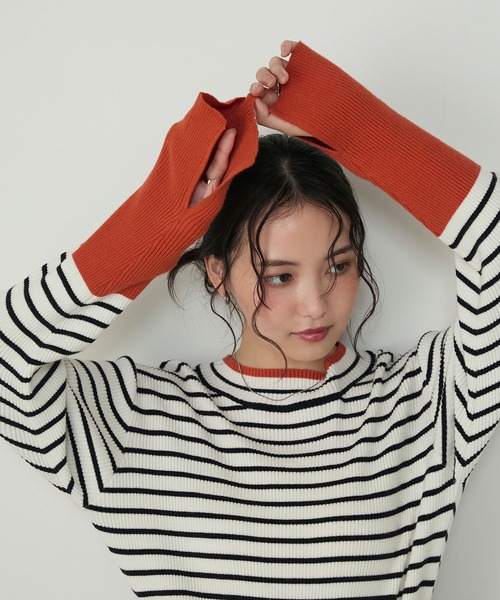 forksy.】【吸湿発熱】袖口配色スリットハイネックリブニット forksy