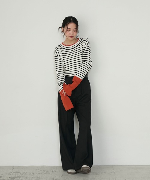 forksy.】【吸湿発熱】袖口配色スリットハイネックリブニット forksy