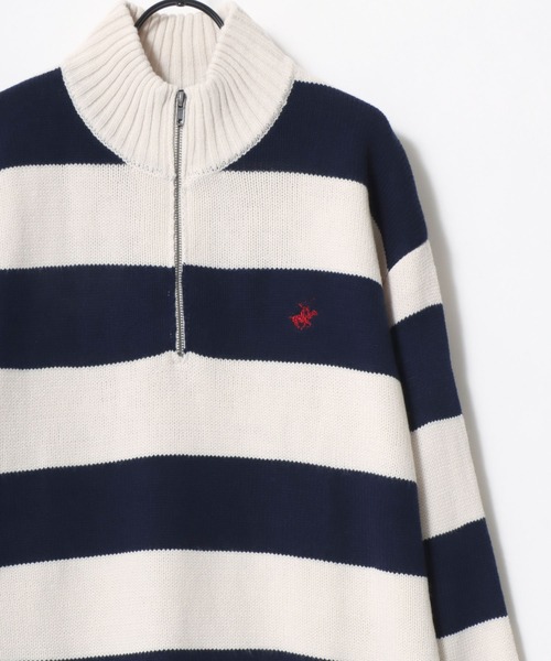 BEVERLY HILLS POLO CLUB（ビバリーヒルズポロクラブ）の「BEVERLY HILLS POLO CLUB/ビバリーヒルズポロクラブ オーバーサイズ ロゴ ワンポイント刺繍 無地 ボーダー ハーフジップ ニット/長袖 トップス プルオーバー/レディース メンズ（ニット/セーター・レディース・ネイビー/ホワイト系その他/アイボリー/ブラック/ブラック系その他/ベージュ/ライトグレー・L/LL/M）」の9枚目の写真