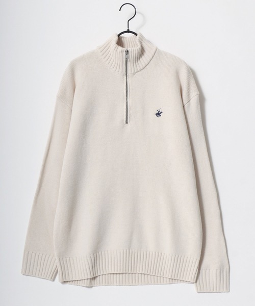 BEVERLY HILLS POLO CLUB（ビバリーヒルズポロクラブ）の「BEVERLY HILLS POLO CLUB/ビバリーヒルズポロクラブ オーバーサイズ ロゴ ワンポイント刺繍 無地 ボーダー ハーフジップ ニット/長袖 トップス プルオーバー/レディース メンズ（ニット/セーター・レディース・ネイビー/ホワイト系その他/アイボリー/ブラック/ブラック系その他/ベージュ/ライトグレー・L/LL/M）」の15枚目の写真