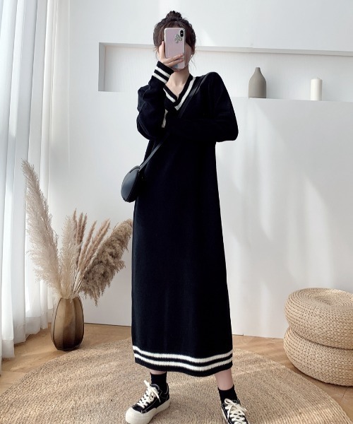 N.s（エヌドットエス）の「配色ラインリブニットワンピース（ワンピース・レディース・ブラック/ホワイト・M/L）」の8枚目の写真