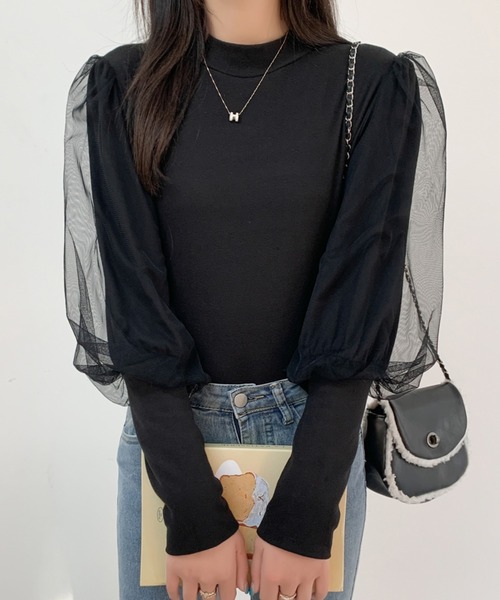 ABITOKYO（アビトーキョー）の「袖ボリュウームチュールドッキングトップス（Tシャツ/カットソー・レディース・ホワイト/モカ/ブラック・M/L/XL）」の2枚目の写真