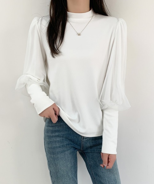 ABITOKYO（アビトーキョー）の「袖ボリュウームチュールドッキングトップス（Tシャツ/カットソー・レディース・ホワイト/モカ/ブラック・M/L/XL）」の13枚目の写真